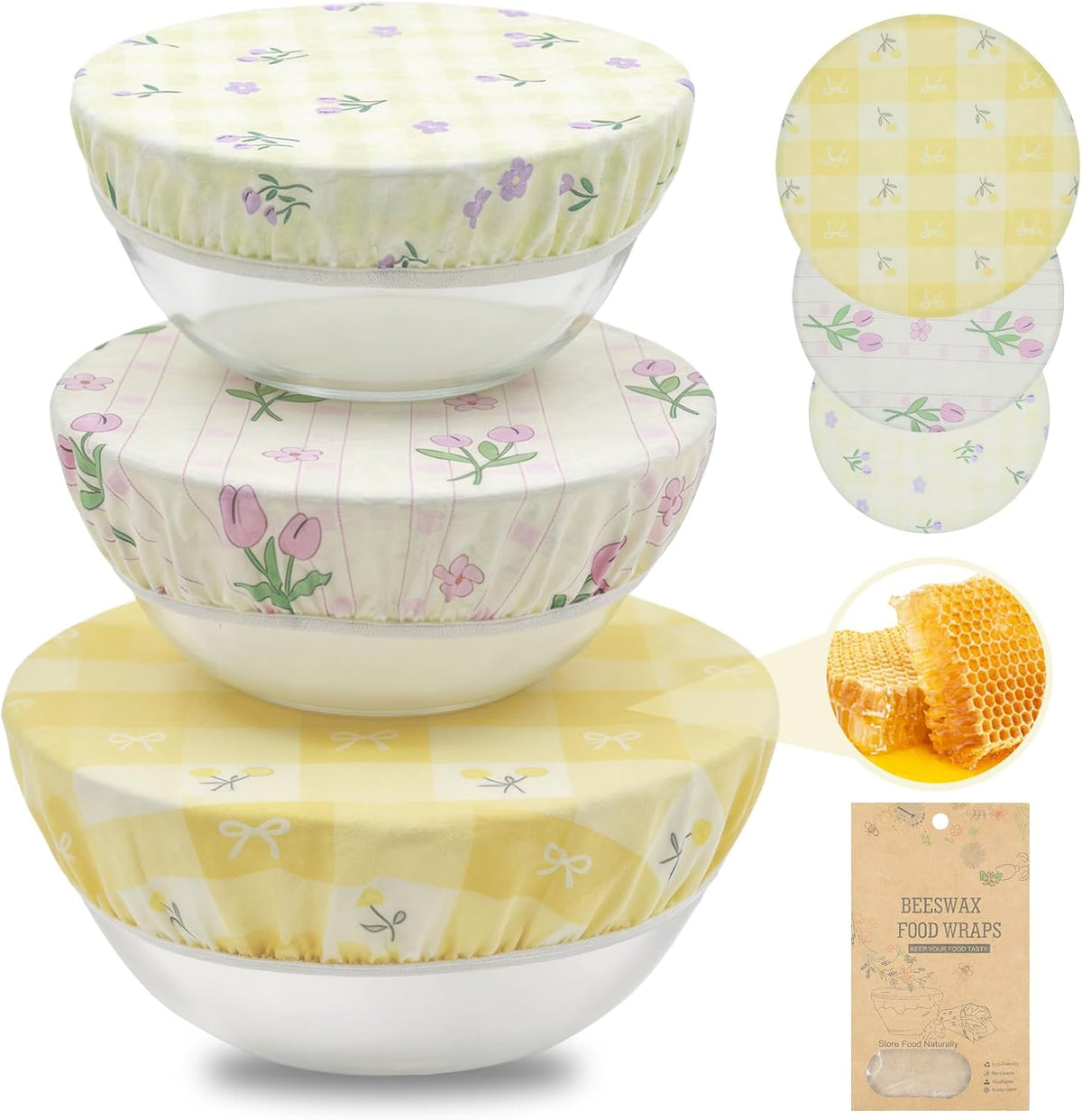 Elastic Beeswax Bowl Covers, Plaid Floral, 3-Pack — current captured option