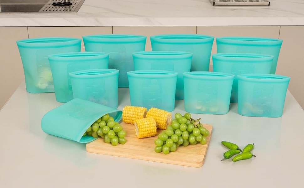 The aqua 12-bag silicone food-storage set with food shown for scale; food is not included.